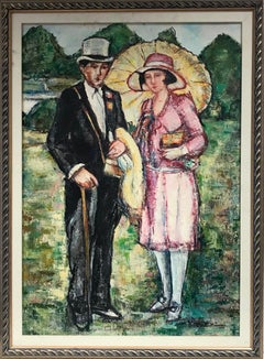 Vintage Elegant Smartly Dressed Couple Riverside Gardens, Signed Original Oil Painting