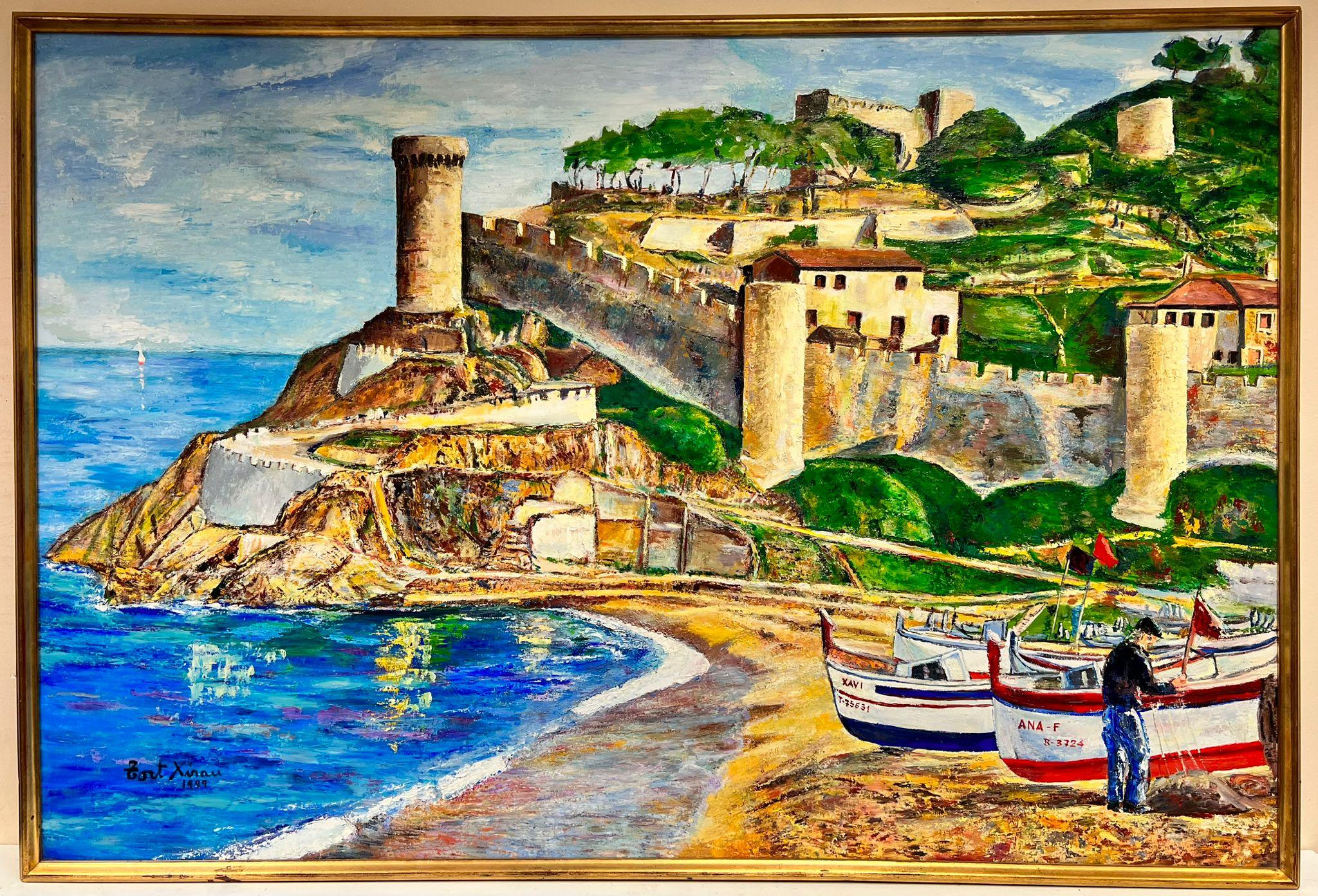 Enorme dipinto a olio spagnolo/francese Antica fortezza porto di pesca costiero - Painting di Maria Tort Xirau