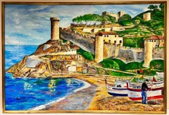 Enorme dipinto a olio spagnolo/francese Antica fortezza porto di pesca costiero