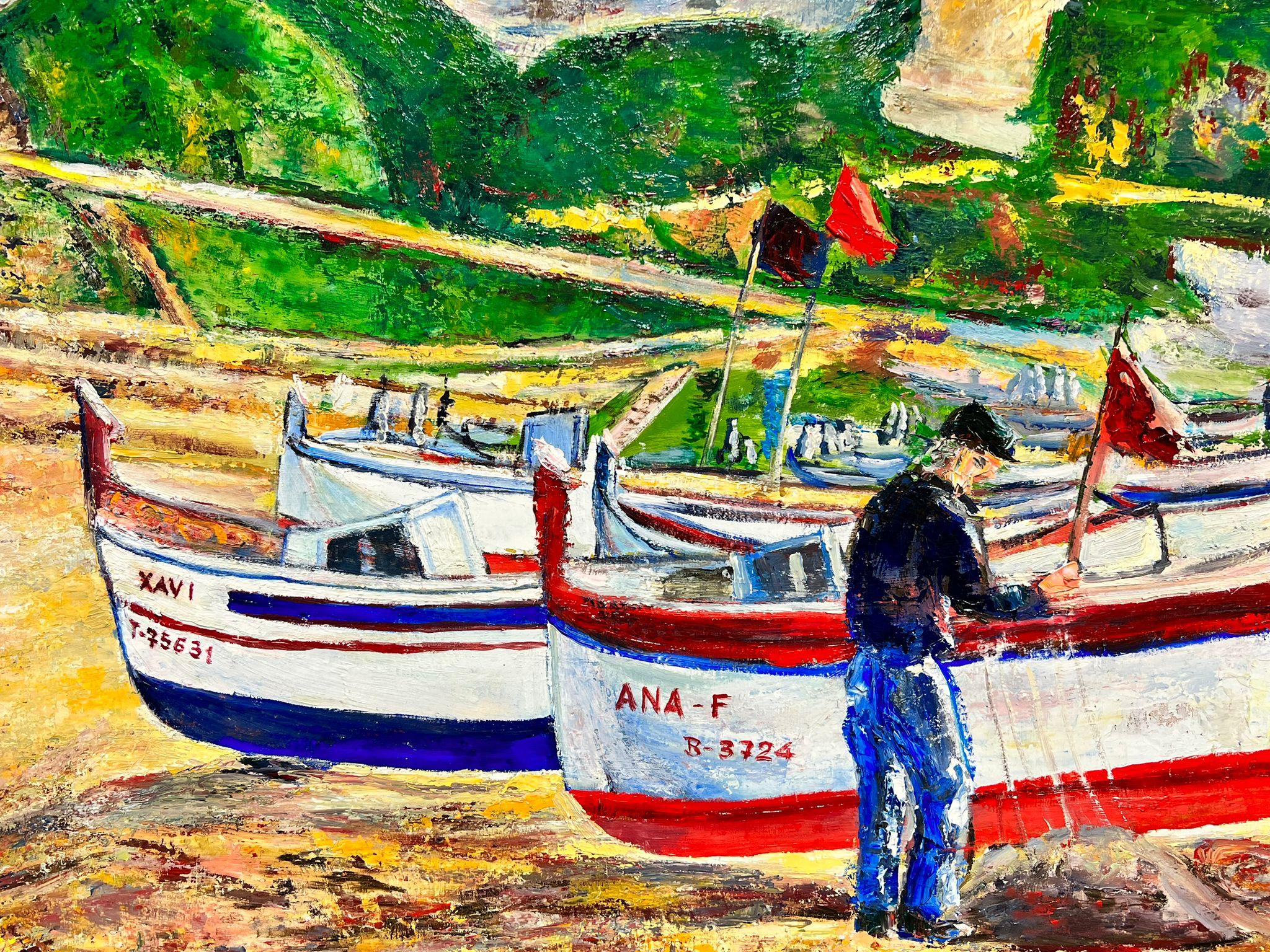 Enorme dipinto a olio spagnolo/francese Antica fortezza porto di pesca costiero - Painting Moderno di Maria Tort Xirau