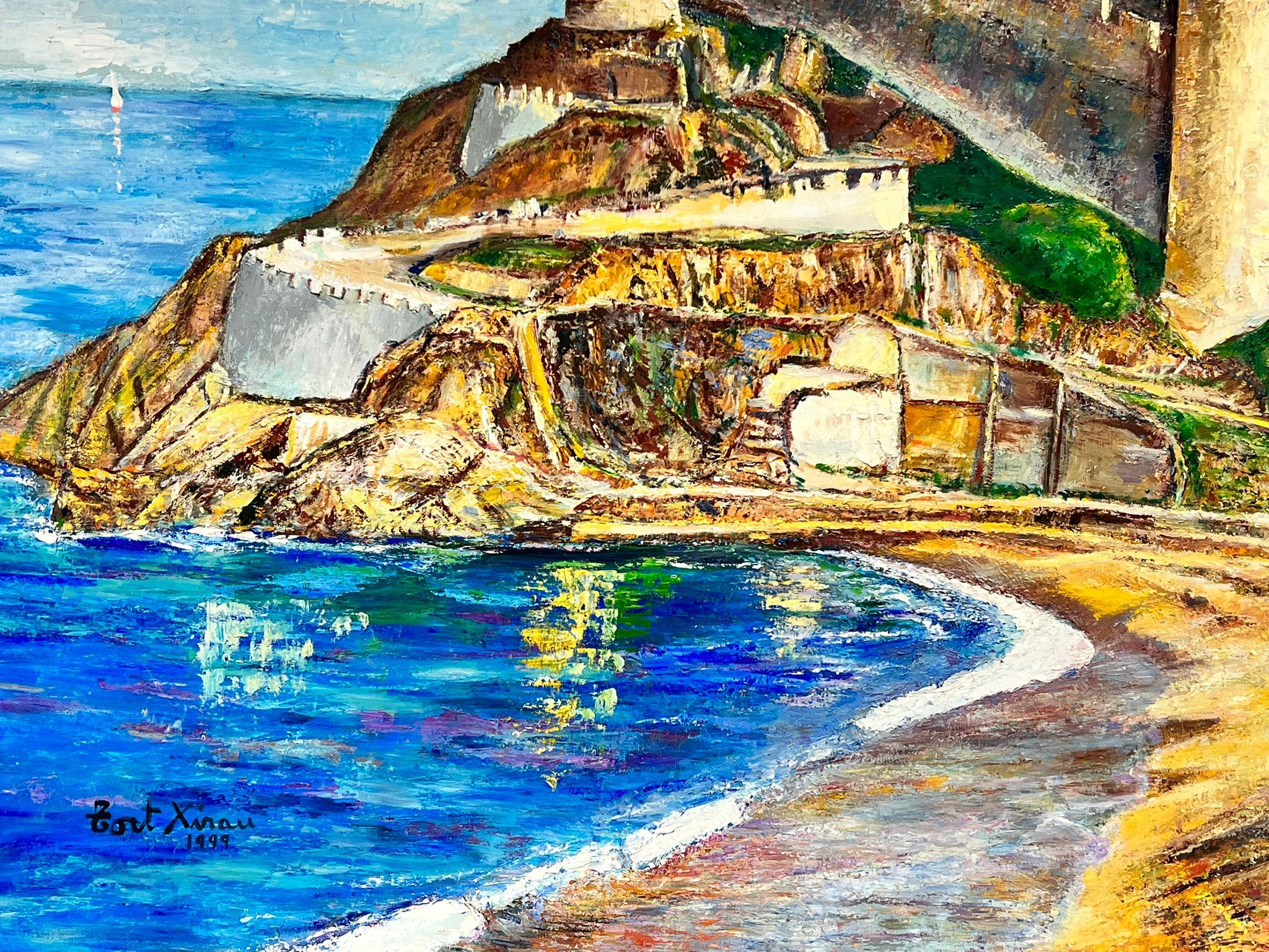Enorme dipinto a olio spagnolo/francese Antica fortezza porto di pesca costiero - Figurative Painting Marrone di Maria Tort Xirau