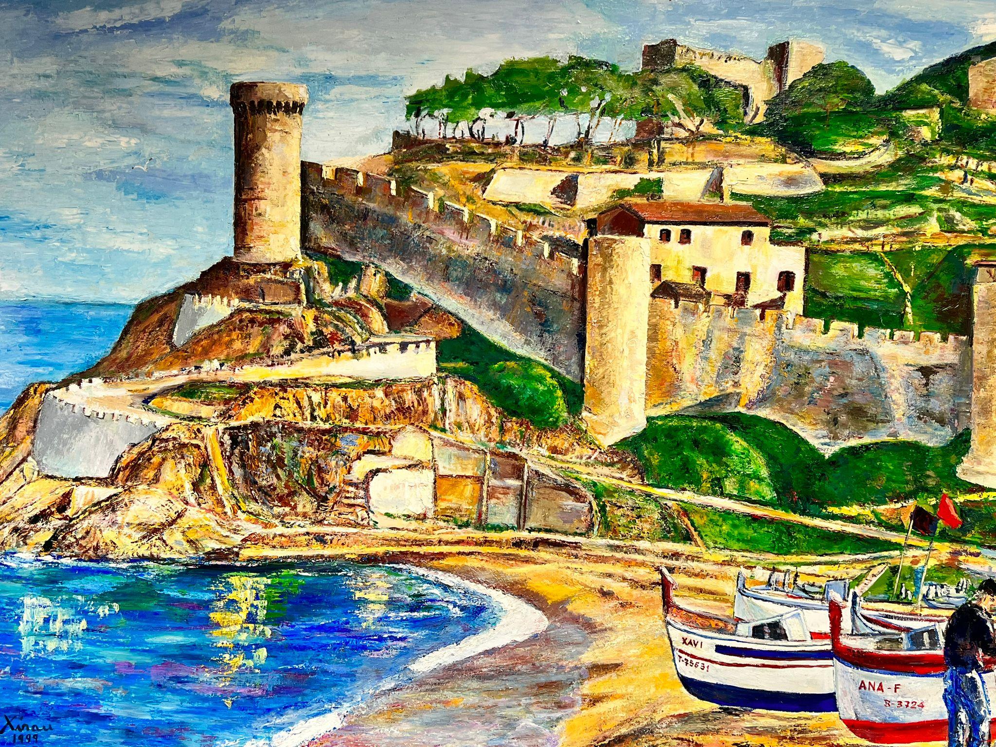 Enorme dipinto a olio spagnolo/francese Antica fortezza porto di pesca costiero 1