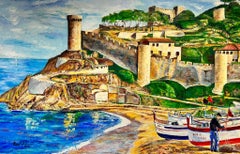 Enormous Spanish/ French Oil Painting Ancient Fortress Coastal Fishing Harbor