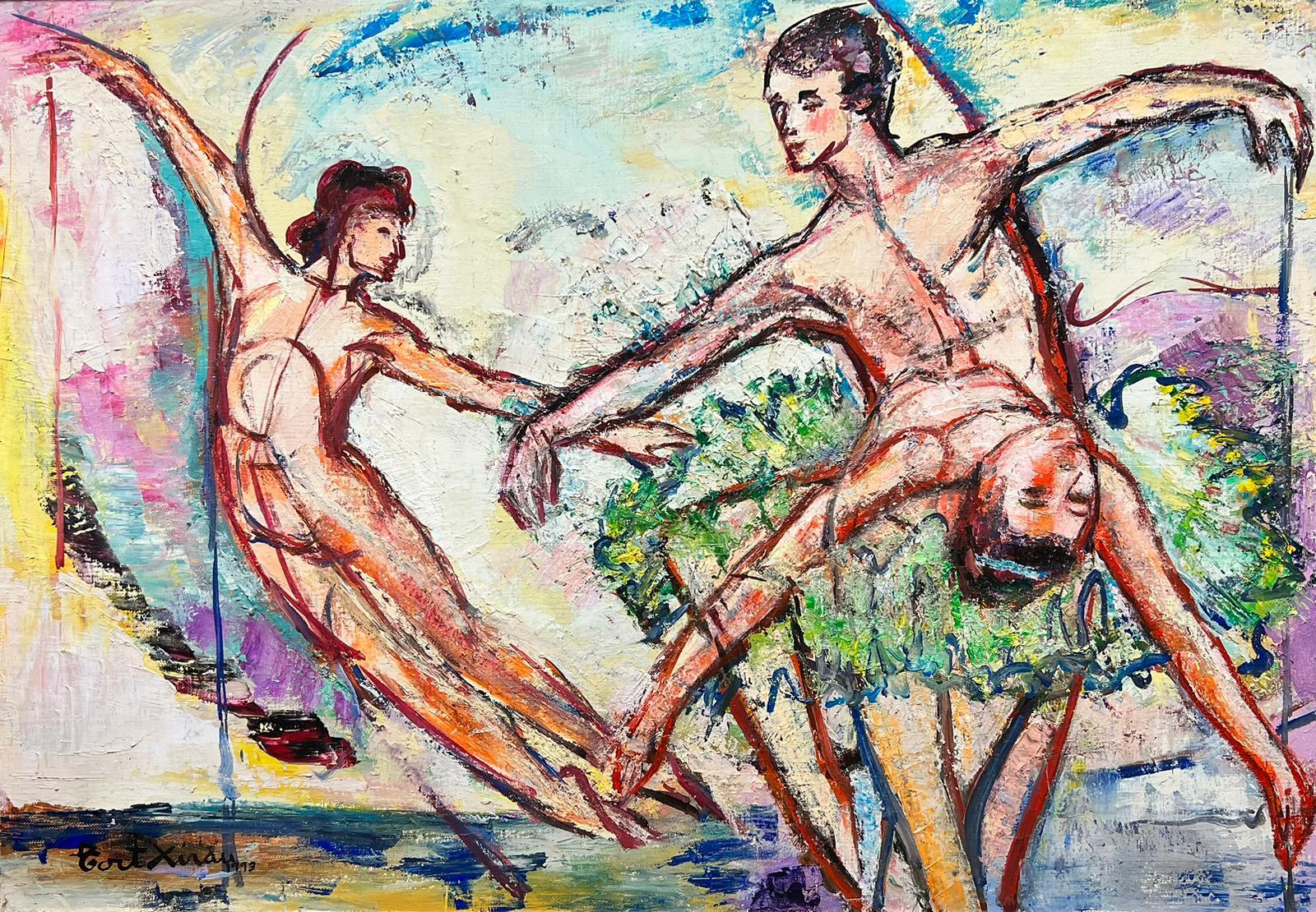 Enorme olio contemporaneo spagnolo Figure di ballerine danzanti colori forti