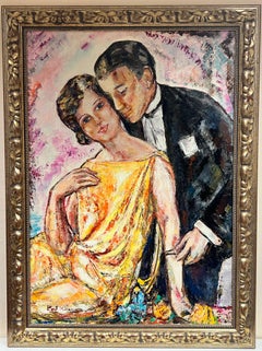 Huge Spanish/ French Modernist Oil Painting Elegant Couple in Tender Embrace