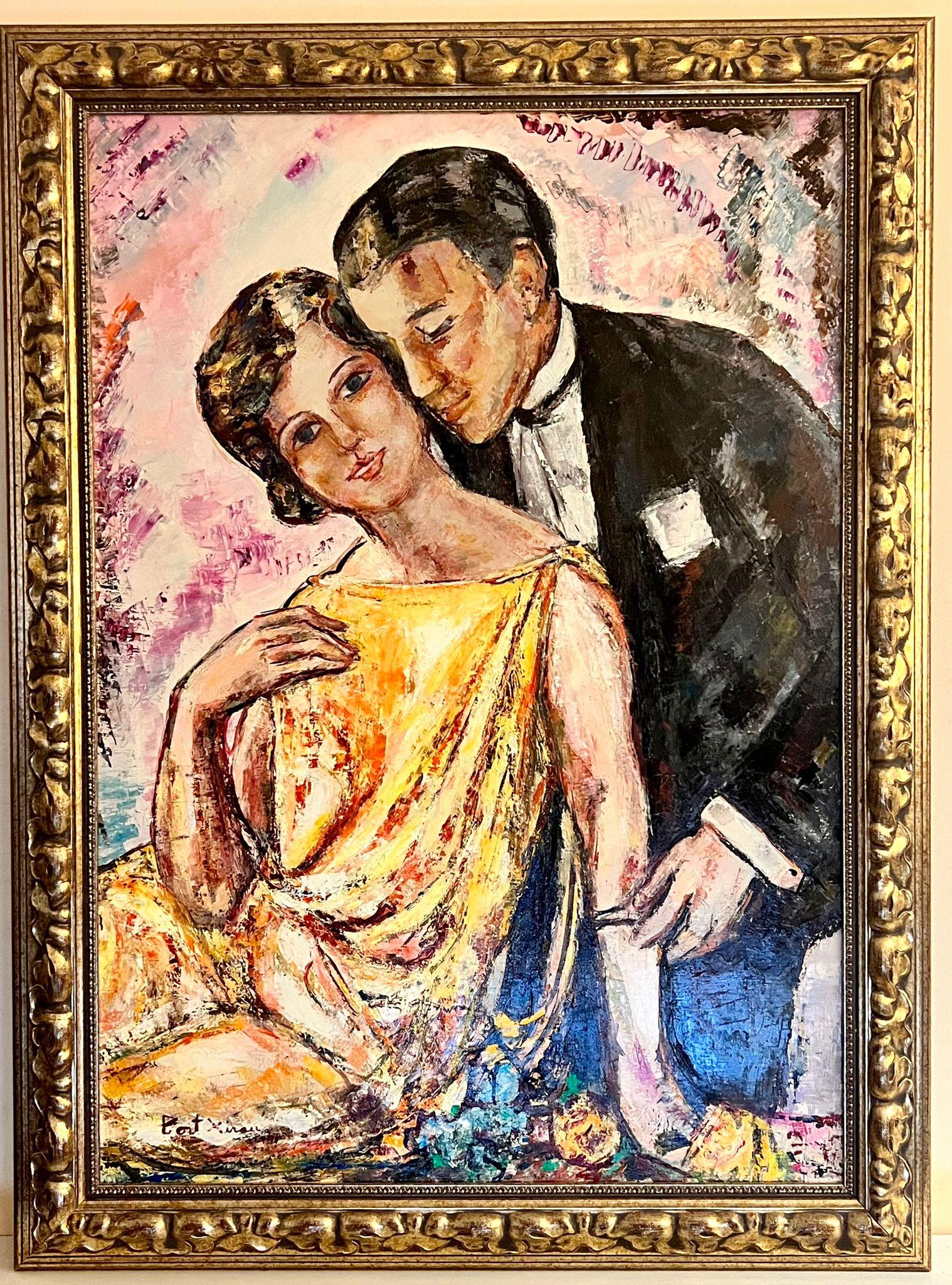 Huge Spanish/ French Modernist Oil Painting Elegant Couple in Tender Embrace For Sale 1