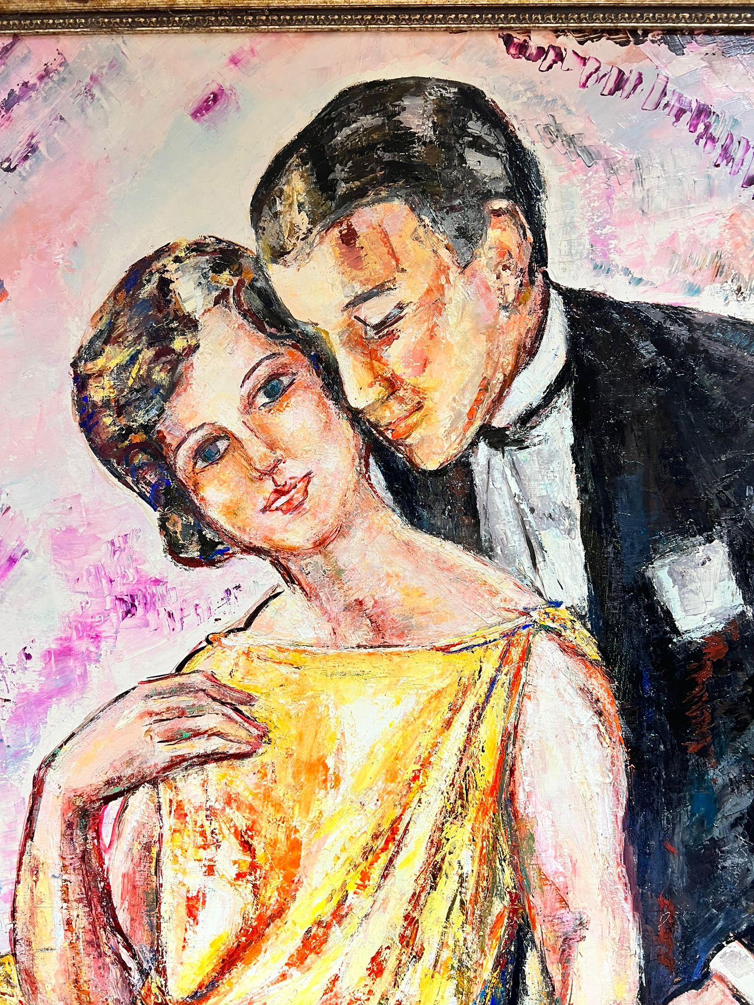 Grande peinture à l'huile moderniste espagnole/française - Deux couples élégants en étreinte en vente 3