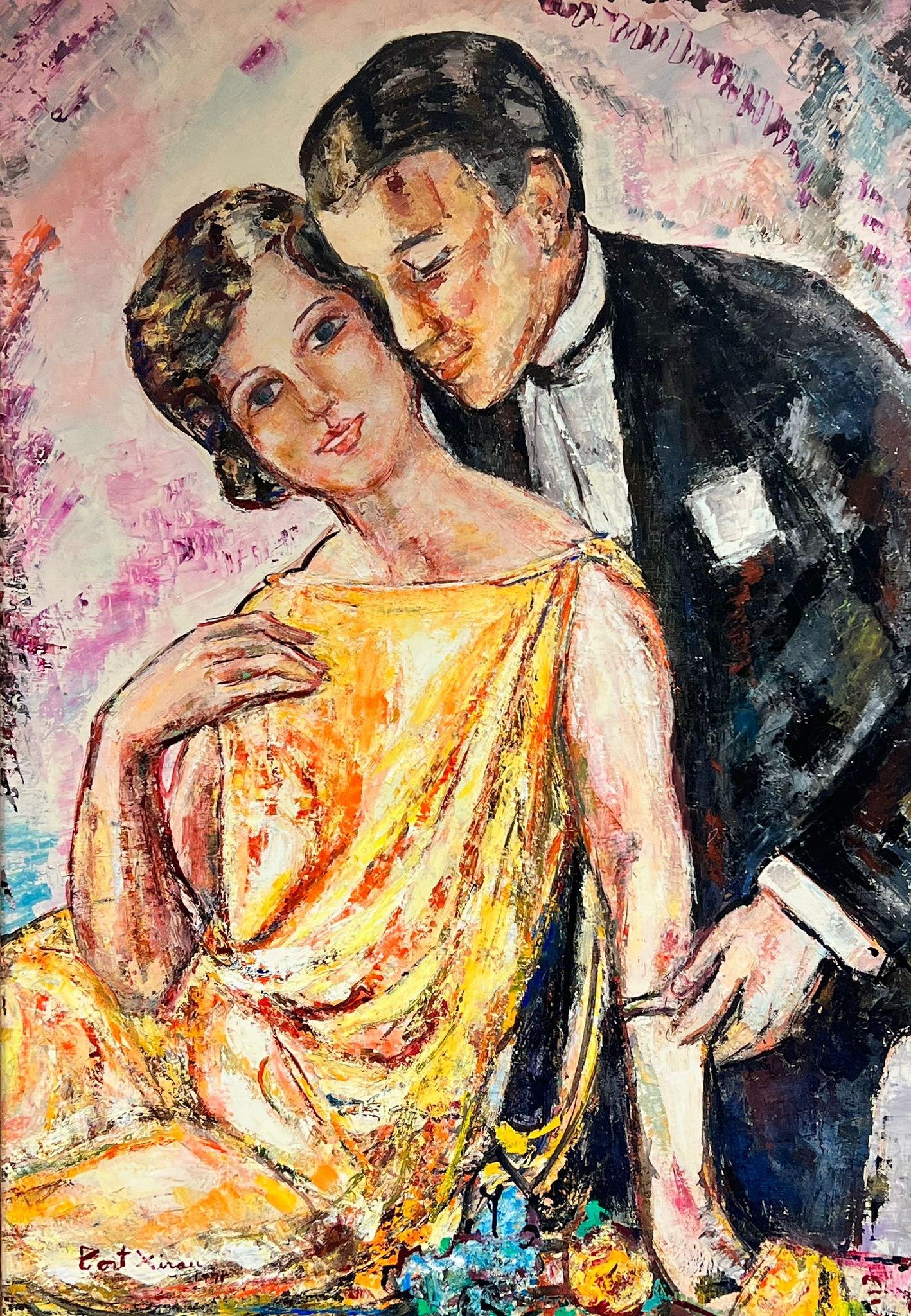 Grande peinture à l'huile moderniste espagnole/française - Deux couples élégants en étreinte