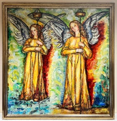 Huge Spanish/ French Modernist Oil Painting Two Winged Angels