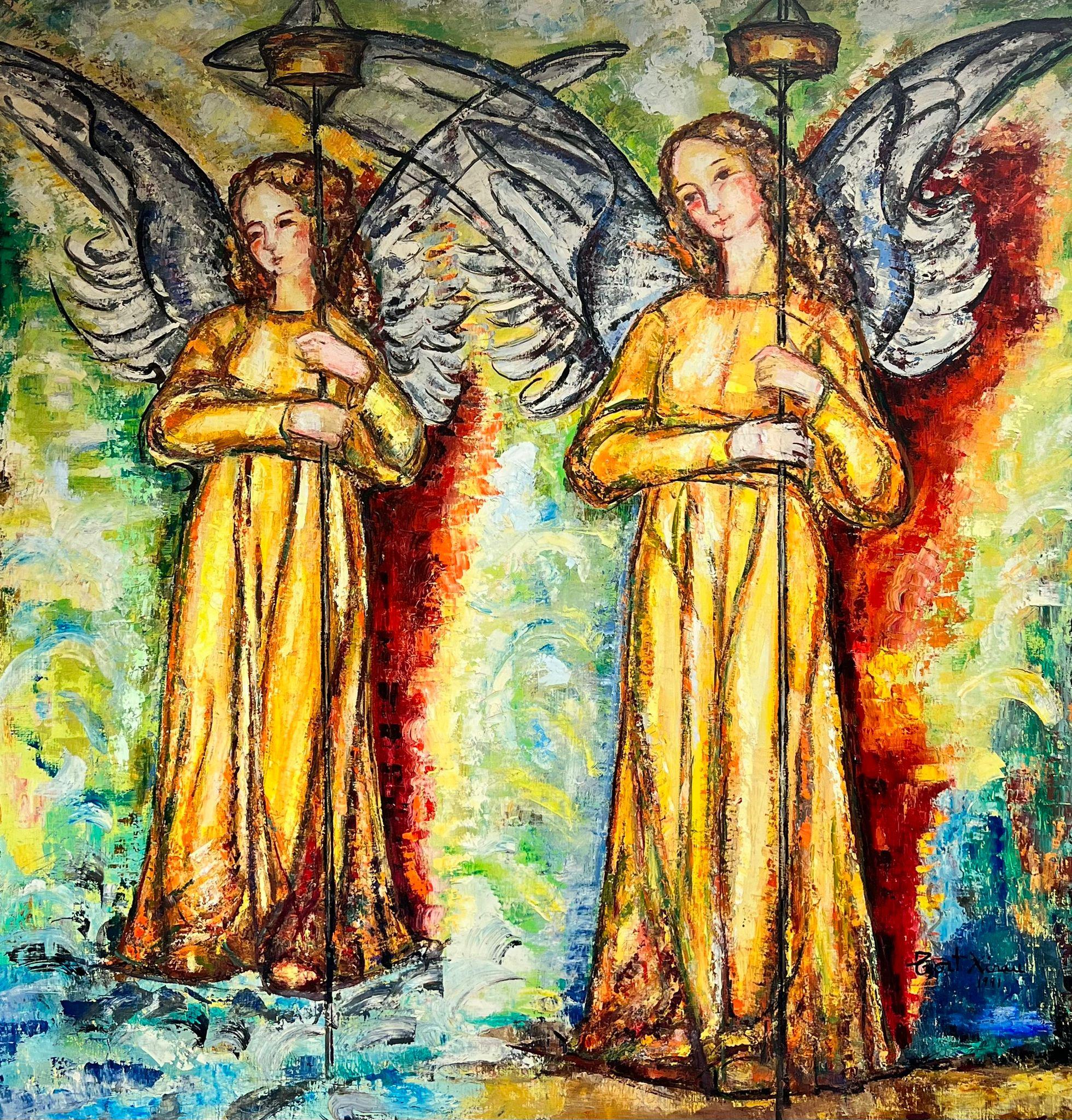 Maria Tort Xirau Figurative Painting - Huge Spanish/ French Modernist Oil Painting Two Winged Angels