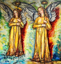 Huge Spanish/ French Modernist Oil Painting Two Winged Angels