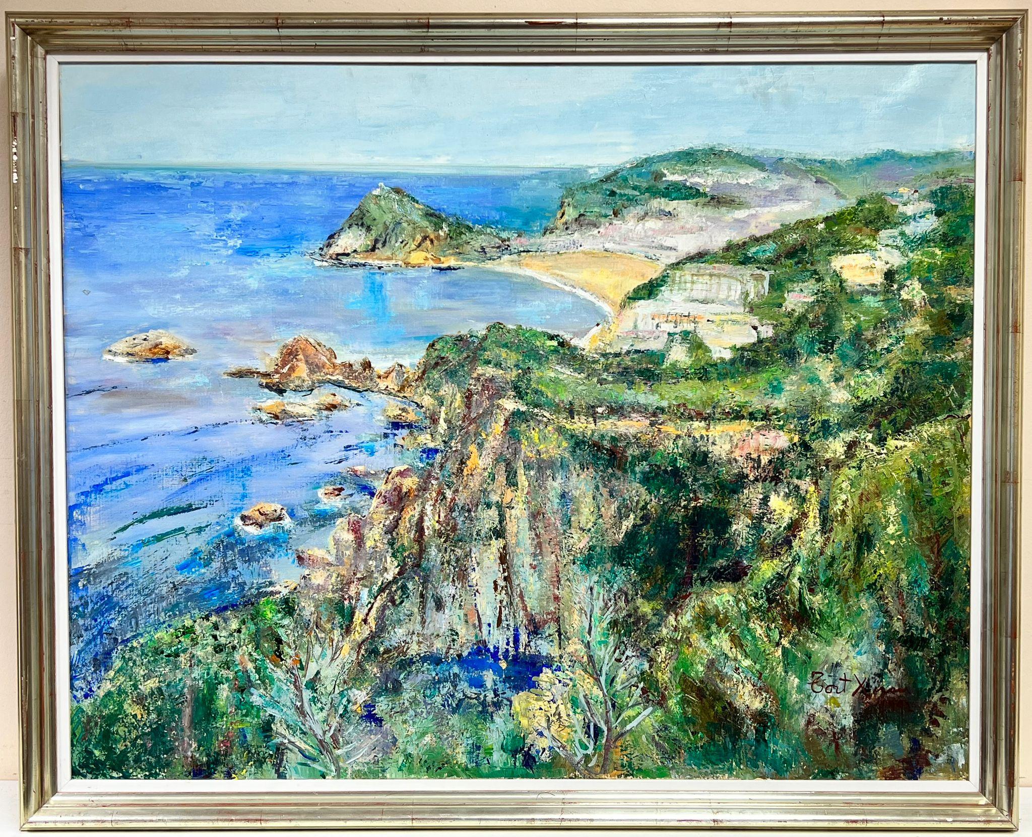 Grande peinture à l'huile espagnole/française - Magnifique paysage marin et maisons en bord de mer bleu - Painting de Maria Tort Xirau