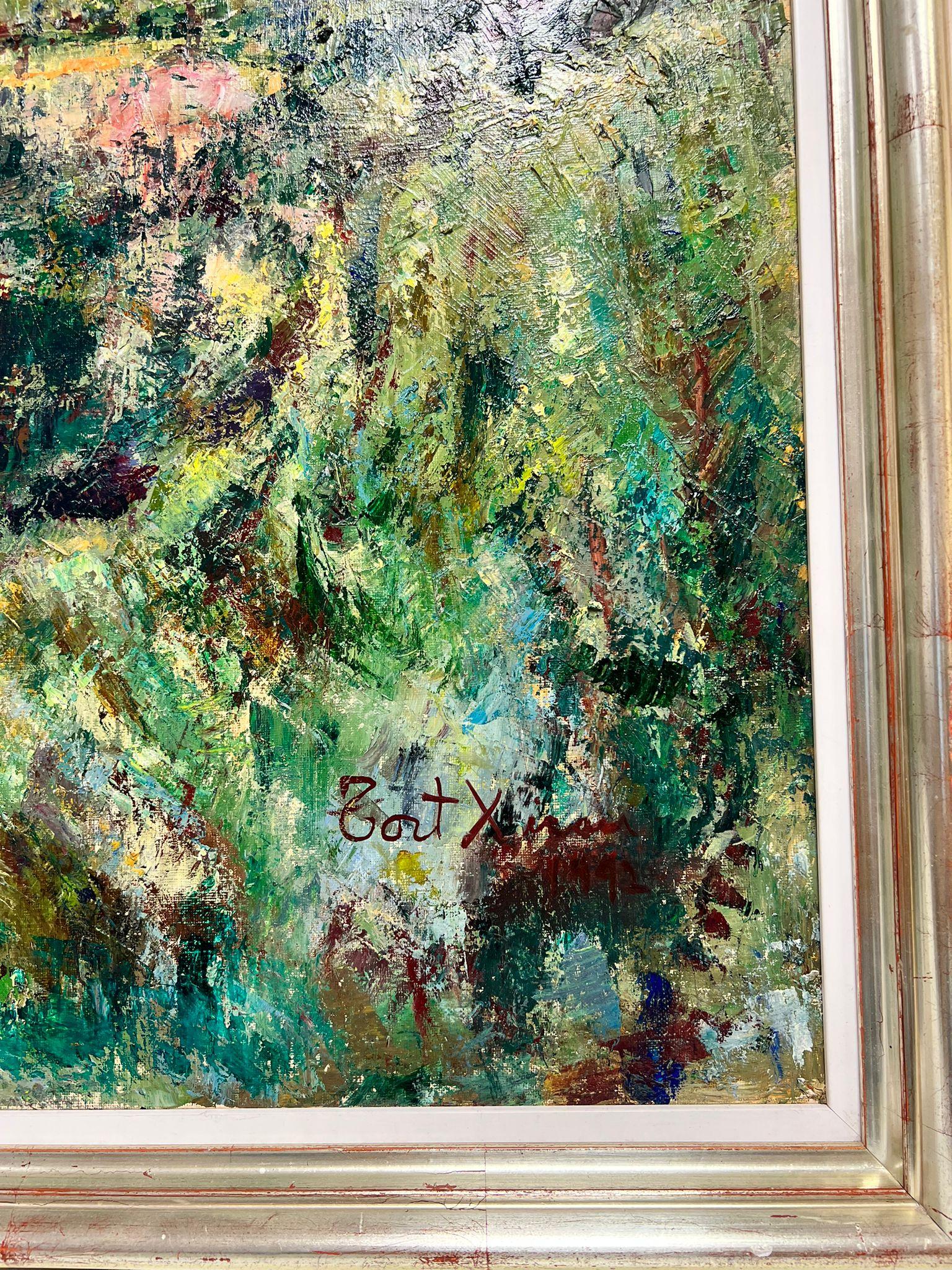 Enorme óleo español/francés Hermoso paisaje marino costero azul y casas - Landscape Painting Gris de Maria Tort Xirau