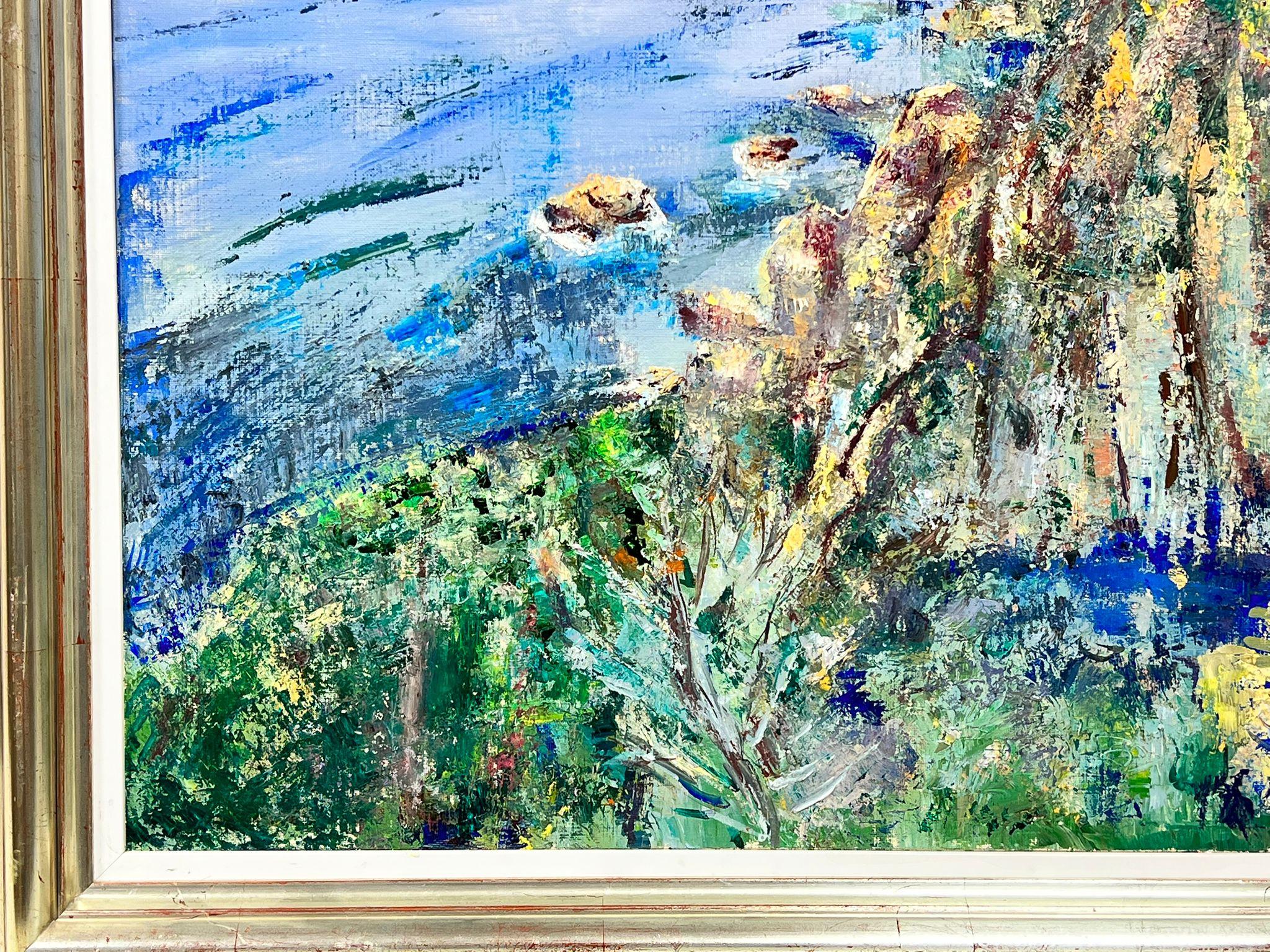 Grande peinture à l'huile espagnole/française - Magnifique paysage marin et maisons en bord de mer bleu en vente 2