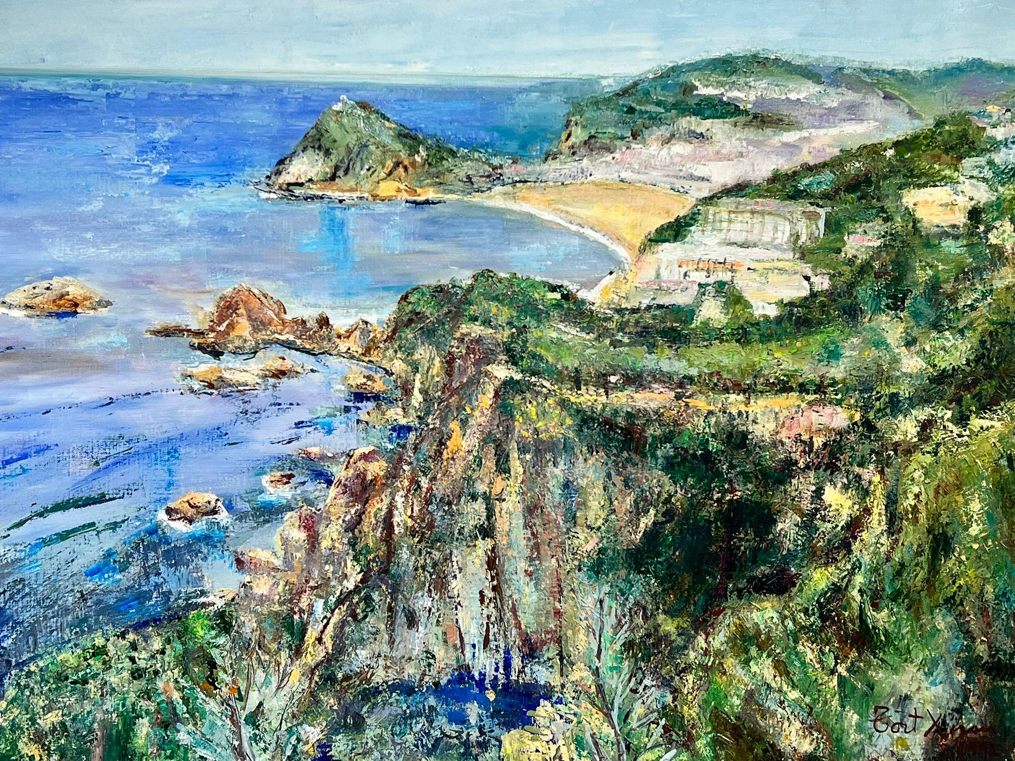 Landscape Painting Maria Tort Xirau - Grande peinture à l'huile espagnole/française - Magnifique paysage marin et maisons en bord de mer bleu