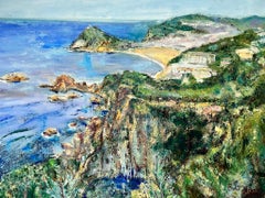 Huge Spanish/ French Oil Painting Beautiful Blue Coastline Seascape & Houses