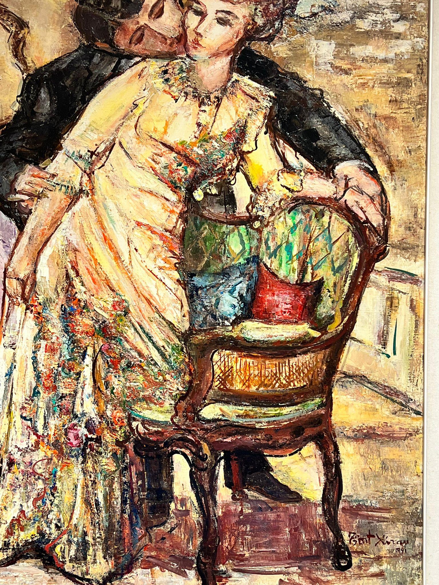 Grande peinture à l'huile espagnole/française - Deux couples élégants couronnés dans un grand intérieur en vente 4