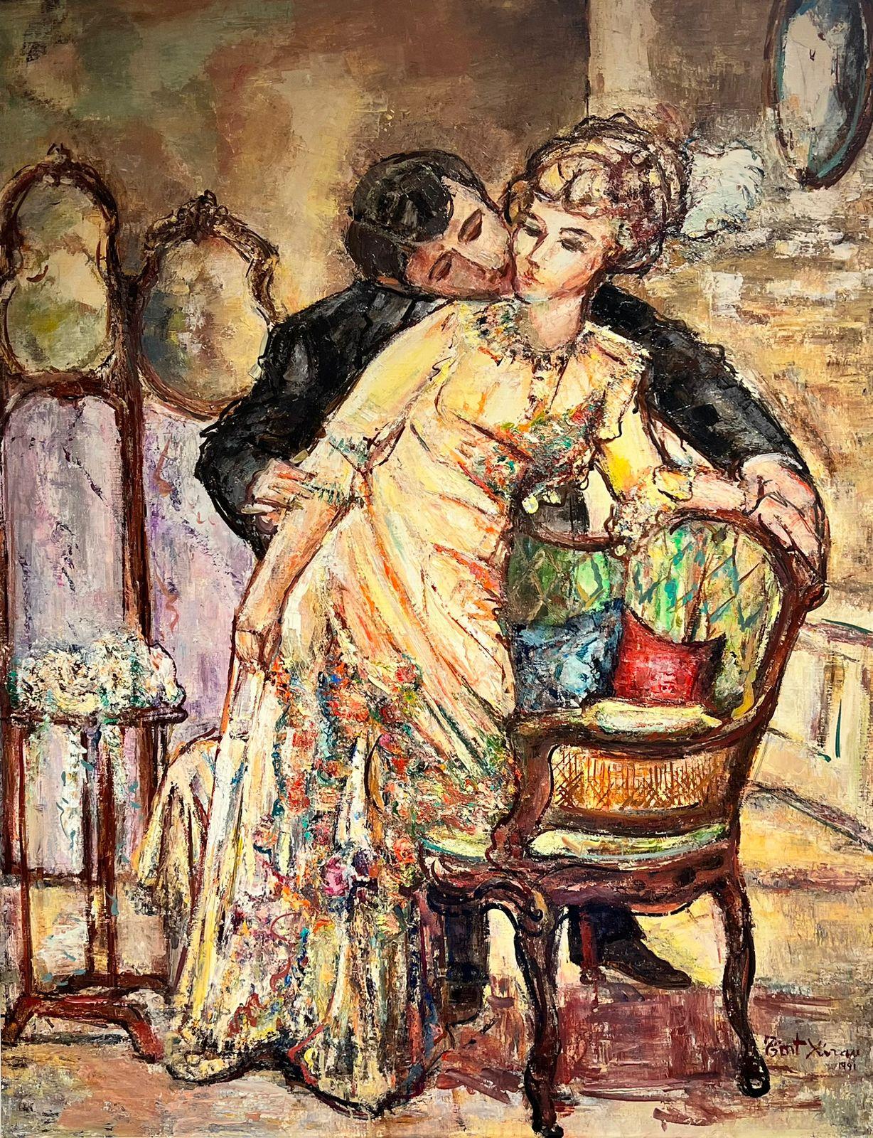Grande peinture à l'huile espagnole/française - Deux couples élégants couronnés dans un grand intérieur