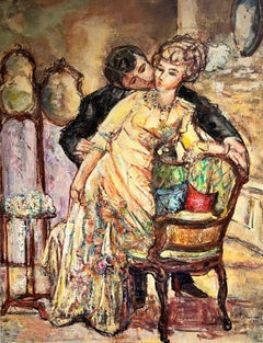 Huge Spanish/ French Oil Painting Elegant Couple Courting in Grand Interior