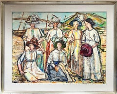 Huge Spanish/ French Oil Painting Elegant Ladies on the Beach Group Portrait