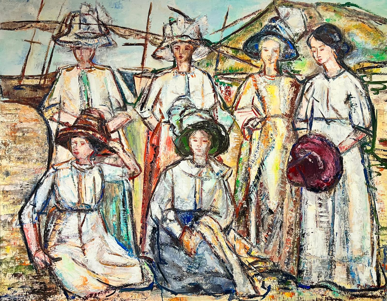 Maria Tort Xirau Landscape Painting - Huge Spanish/ French Oil Painting Elegant Ladies on the Beach Group Portrait