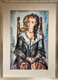 Huge Spanish/ French Oil Painting Girl Seated in Chair