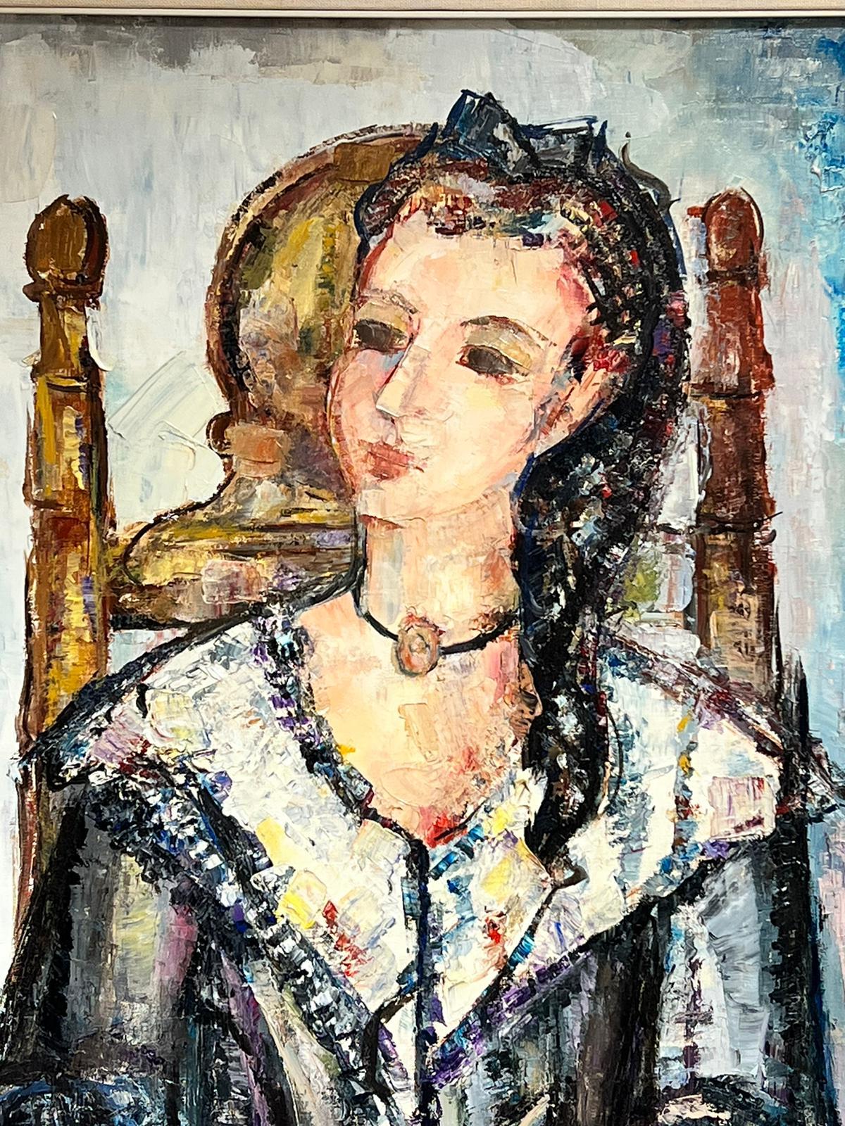 Huge Spanish/ French Oil Painting Girl Seated in Chair  For Sale 2