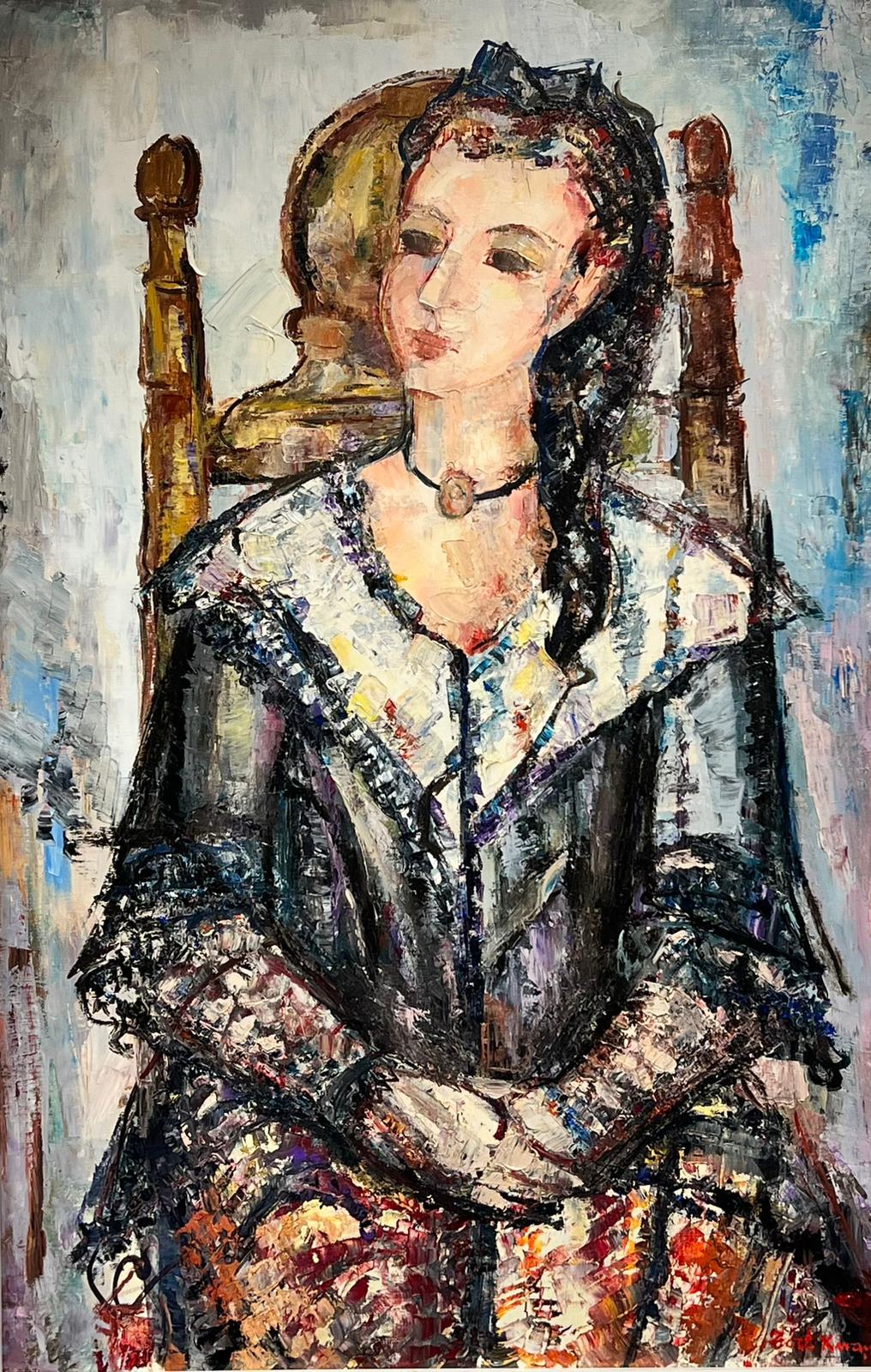 Huge Spanish/ French Oil Painting Girl Seated in Chair 
