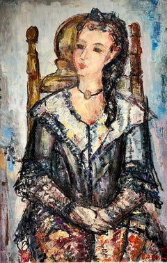 Vintage Huge Spanish/ French Oil Painting Girl Seated in Chair 