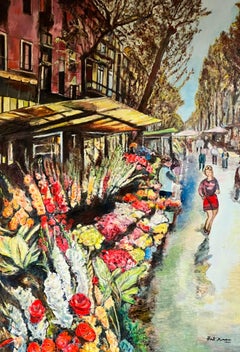 Huge Spanish/ French Oil Painting The Flower Market Beautiful Colors