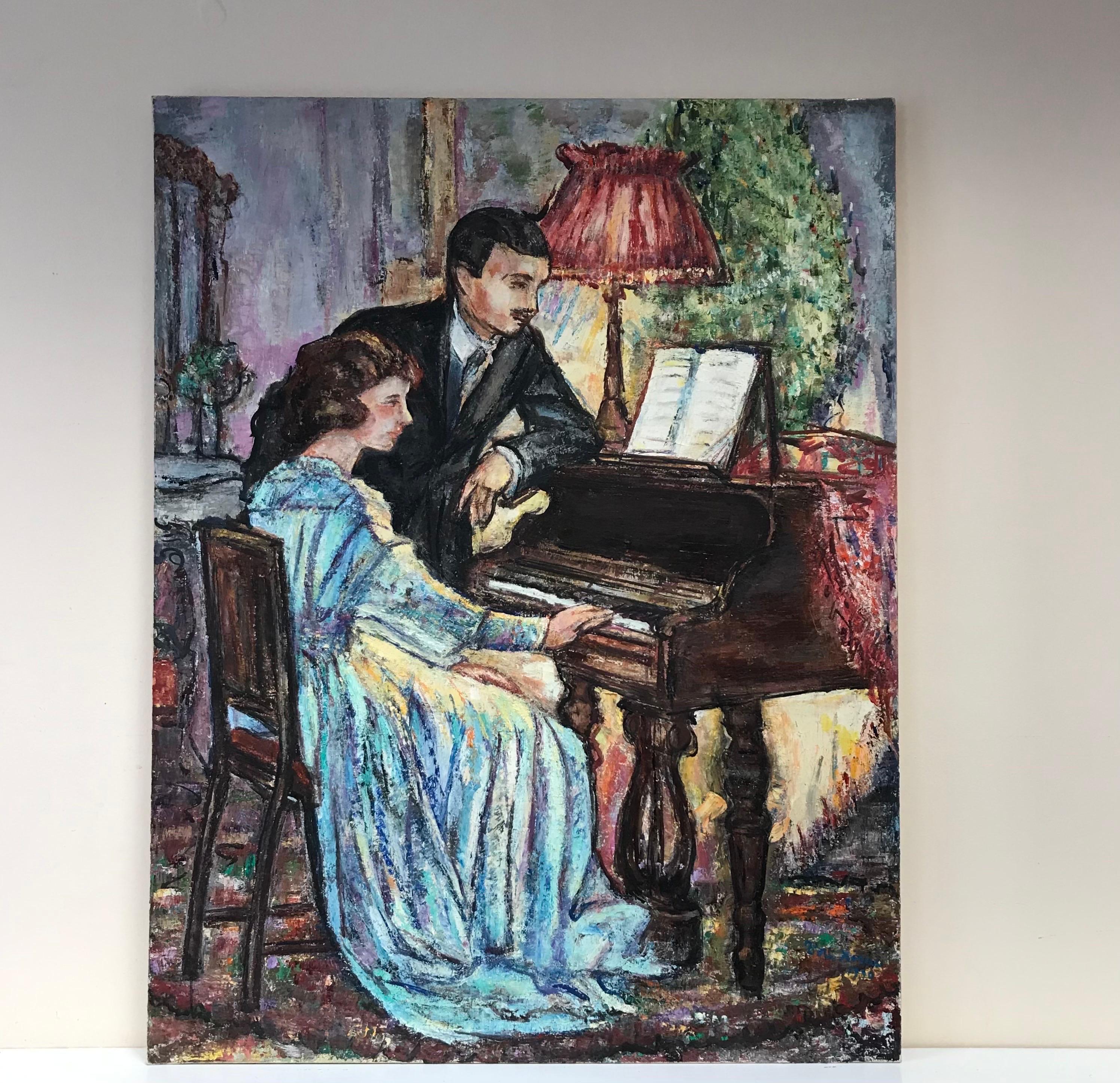 Grande peinture à l'huile française d'origine représentant deux hommes élégants jouant du piano à l'intérieur - Painting de Maria Tort Xirau