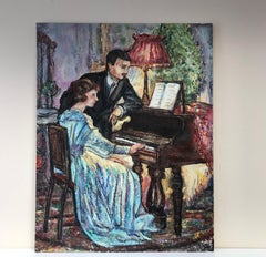 Large Original French Oil Painting Elegant Couple Playing Piano in Interior