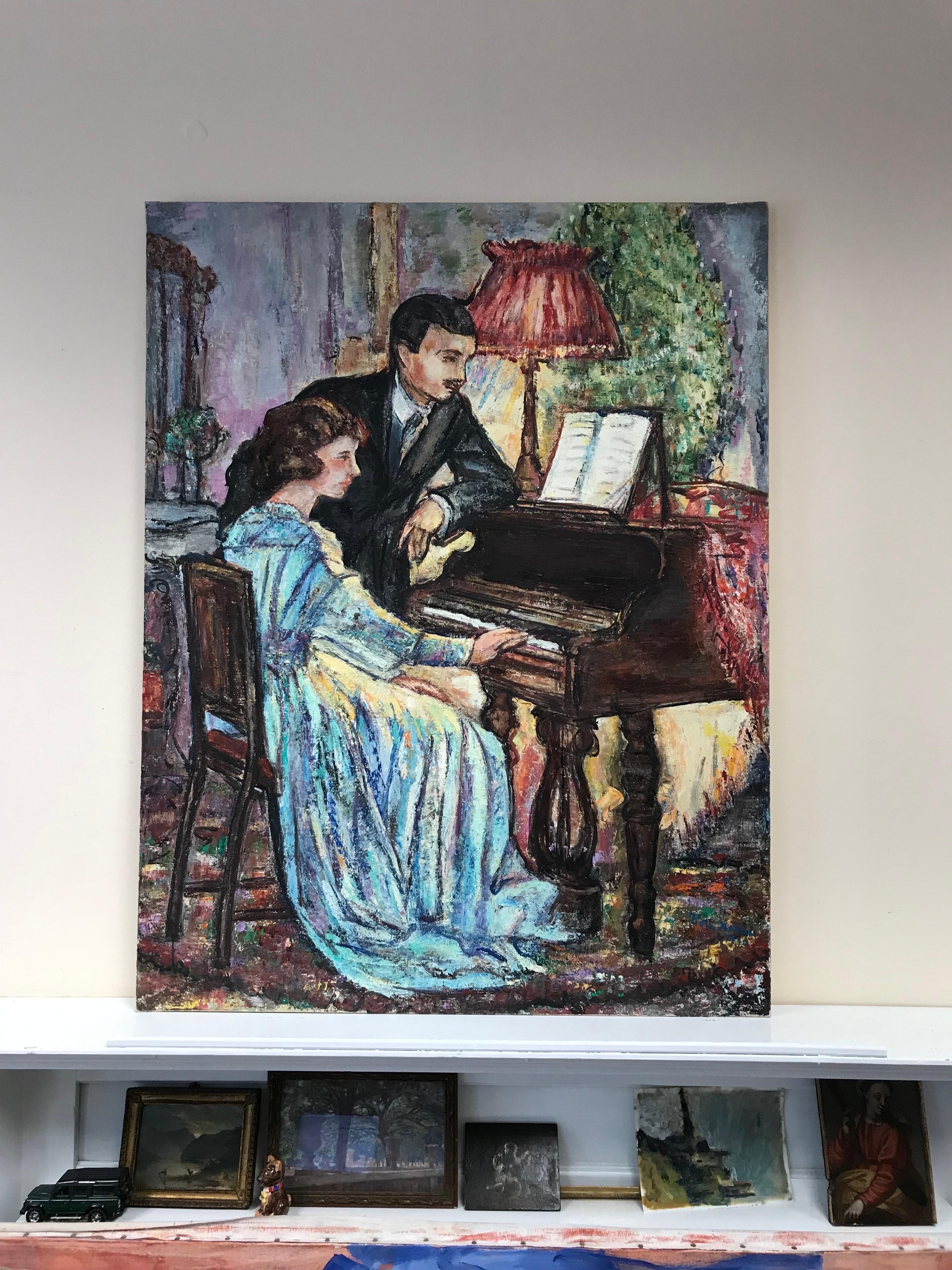 Grande peinture à l'huile française d'origine représentant deux hommes élégants jouant du piano à l'intérieur - Impressionnisme Painting par Maria Tort Xirau