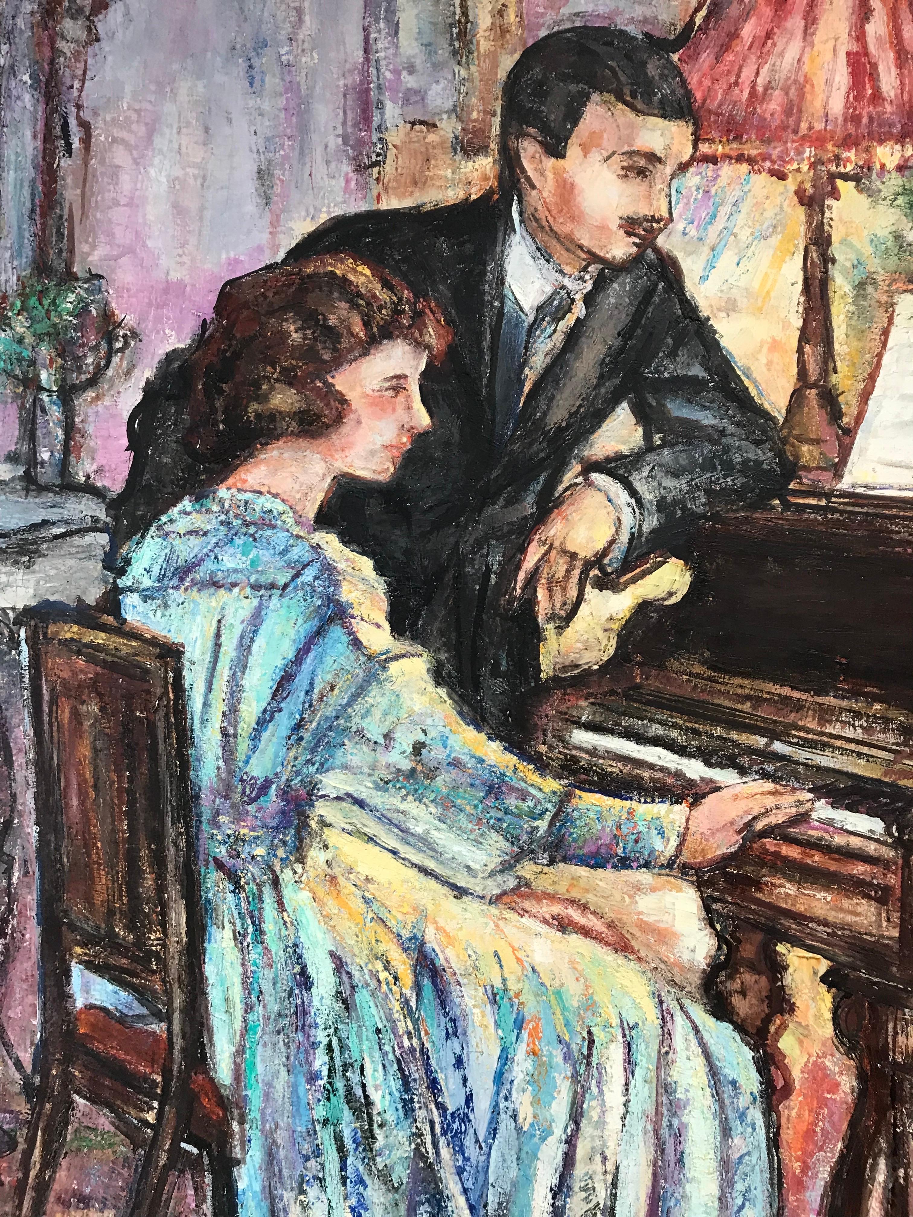 Grande peinture à l'huile française d'origine représentant deux hommes élégants jouant du piano à l'intérieur - Noir Figurative Painting par Maria Tort Xirau