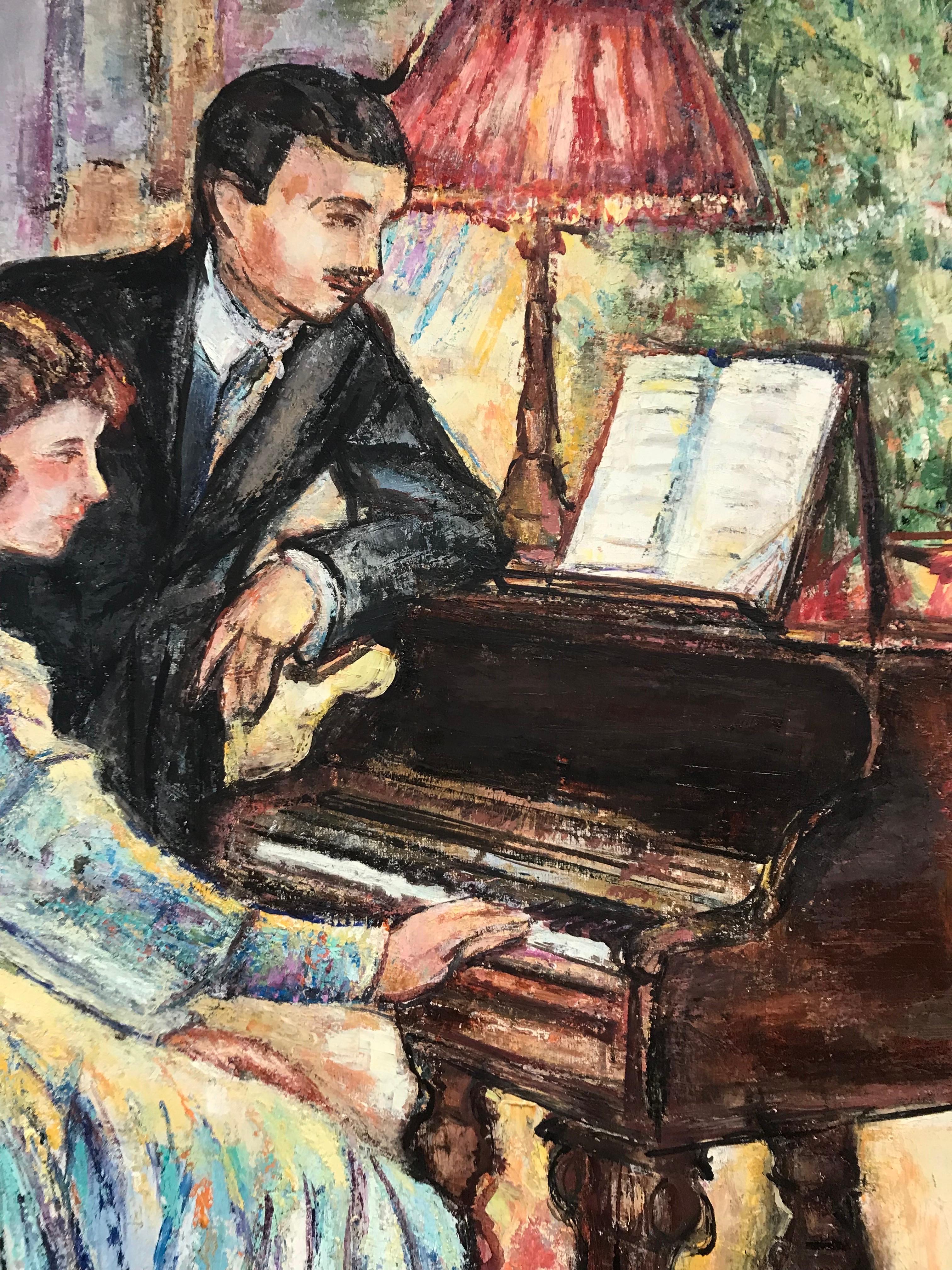 Large Original French Oil Painting Elegant Couple Playing Piano in Interior - Black Figurative Painting by Maria Tort Xirau