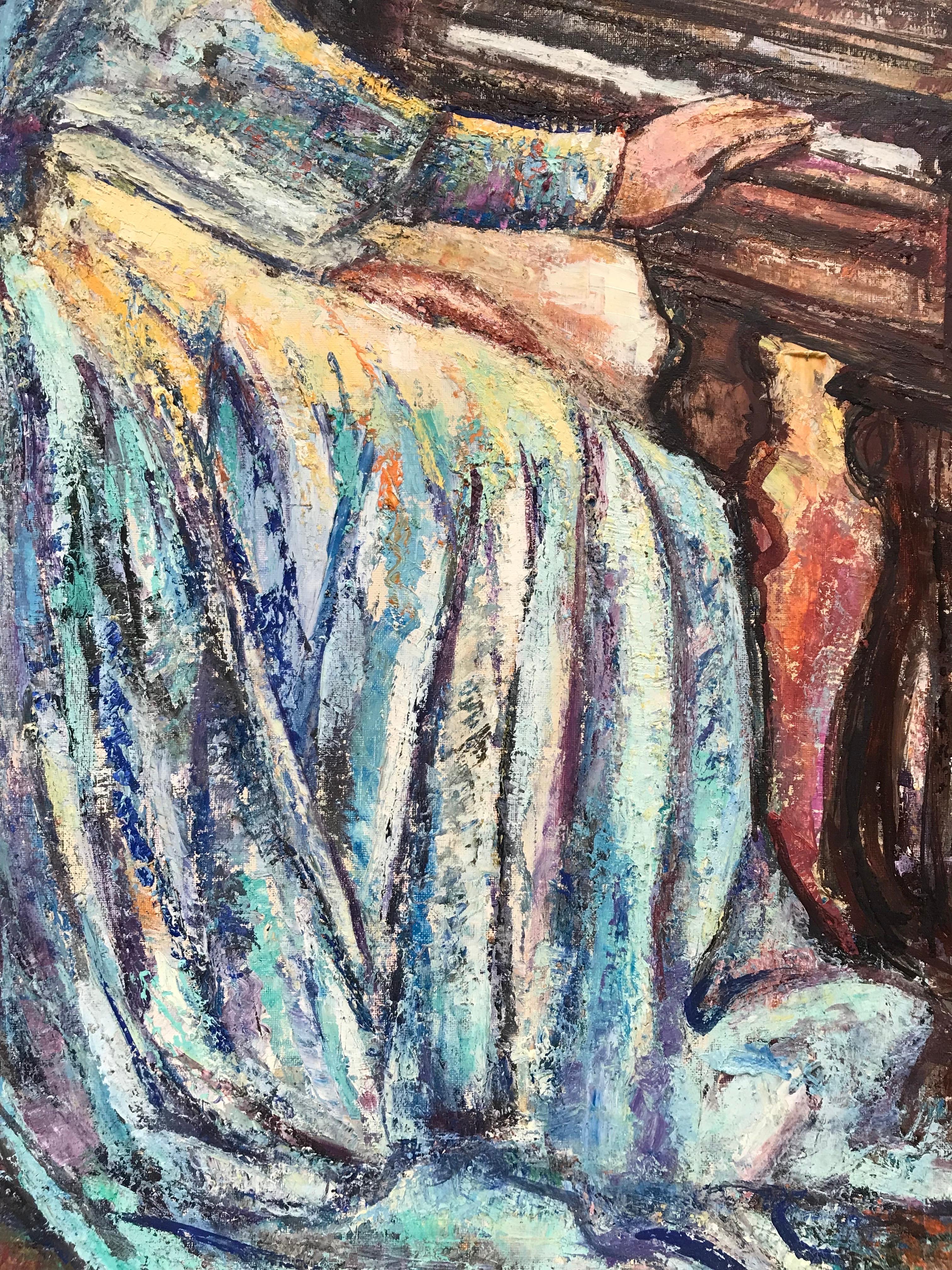 Large Original French Oil Painting Elegant Couple Playing Piano in Interior 2