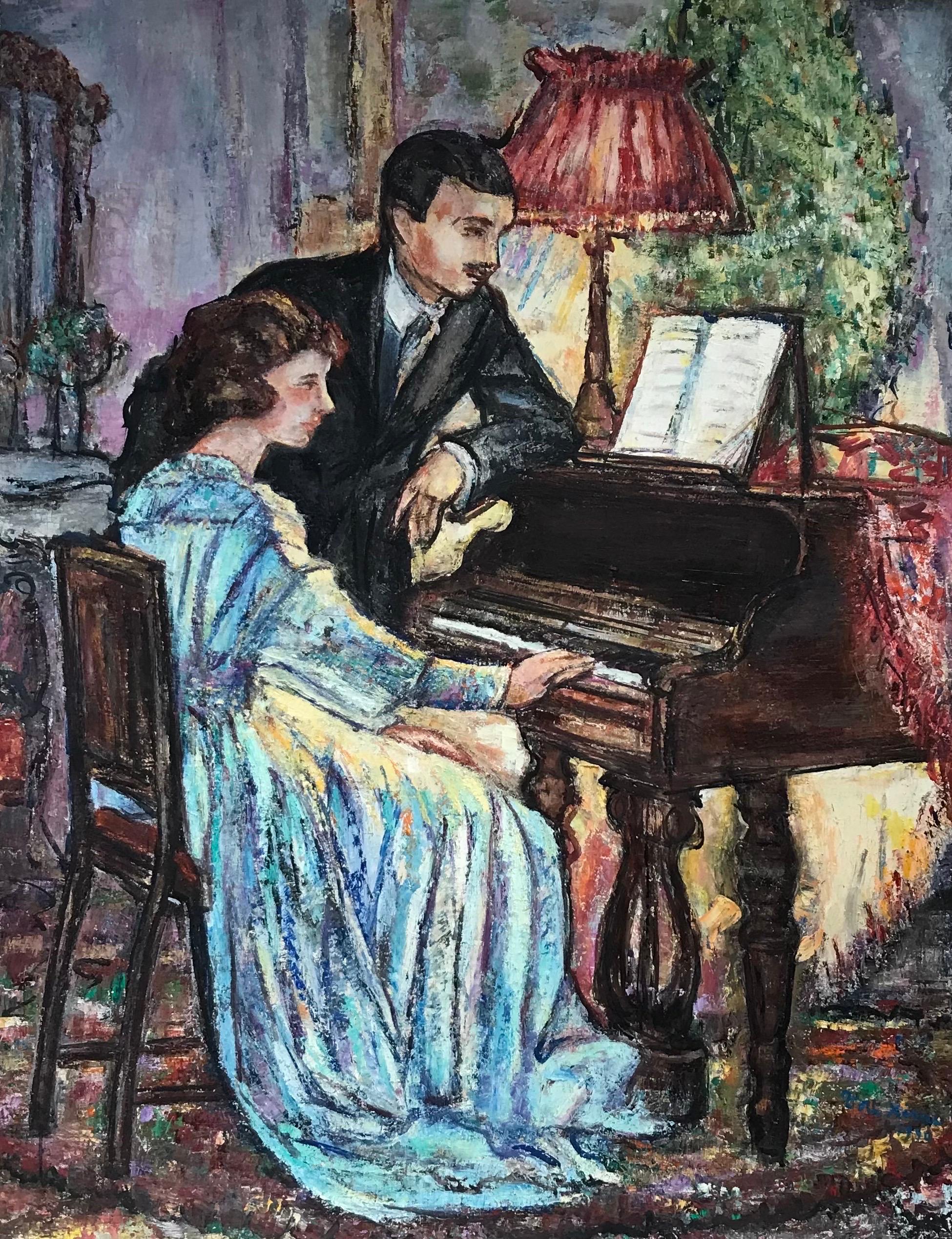Figurative Painting Maria Tort Xirau - Grande peinture à l'huile française d'origine représentant deux hommes élégants jouant du piano à l'intérieur