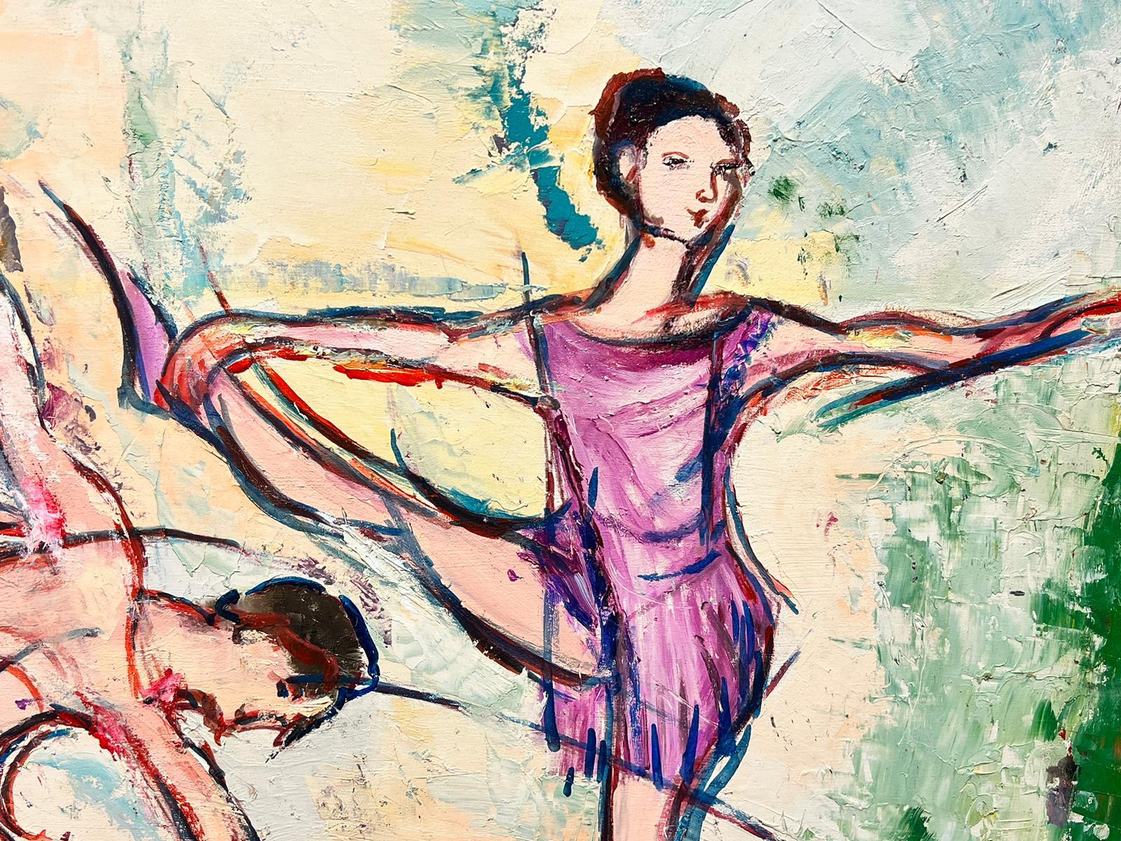 Large Spanish Expressive Oil Painting Ballerina Dancers Stretching  For Sale 2