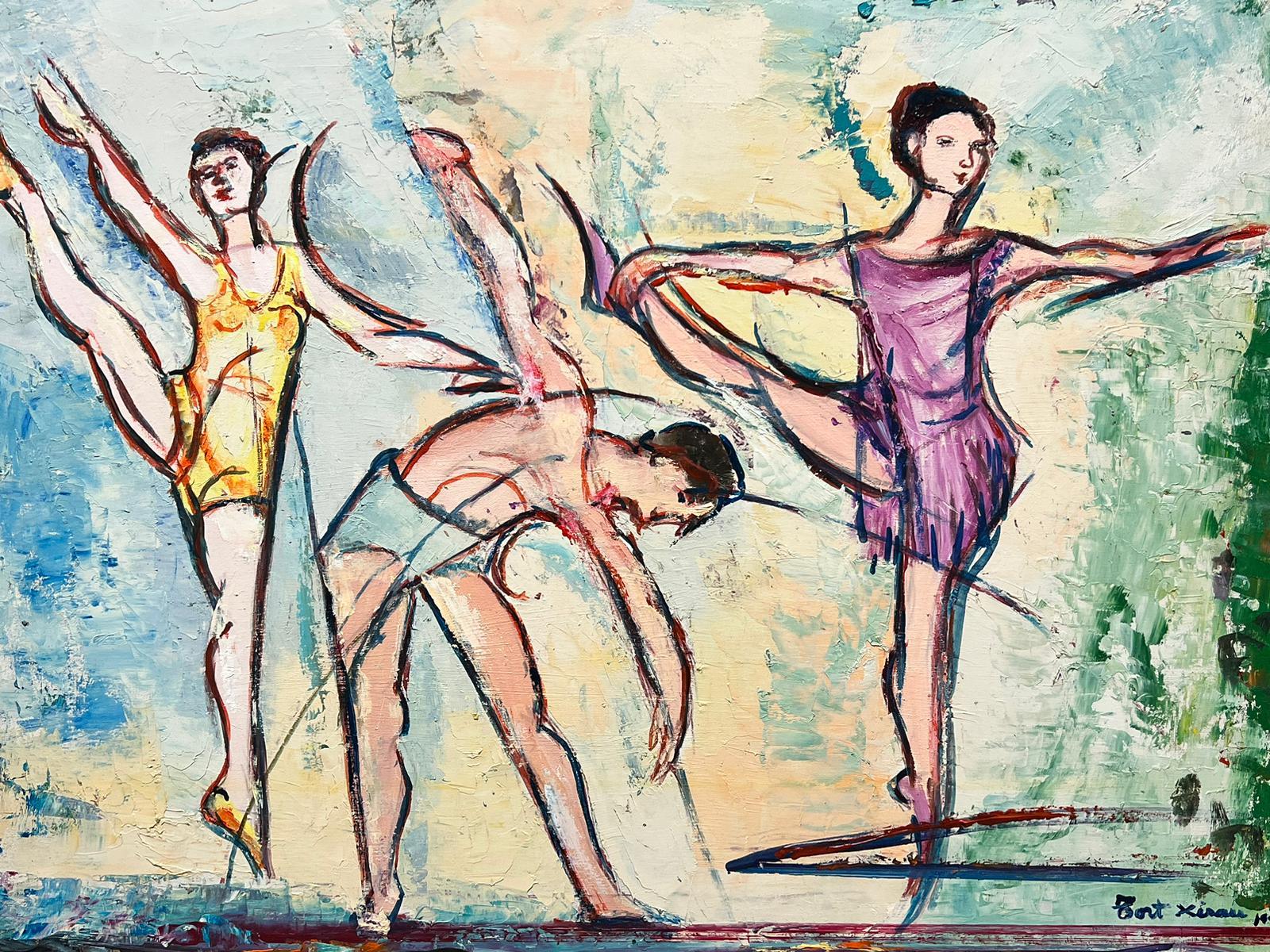 Large Spanish Expressive Oil Painting Ballerina Dancers Stretching  For Sale 3