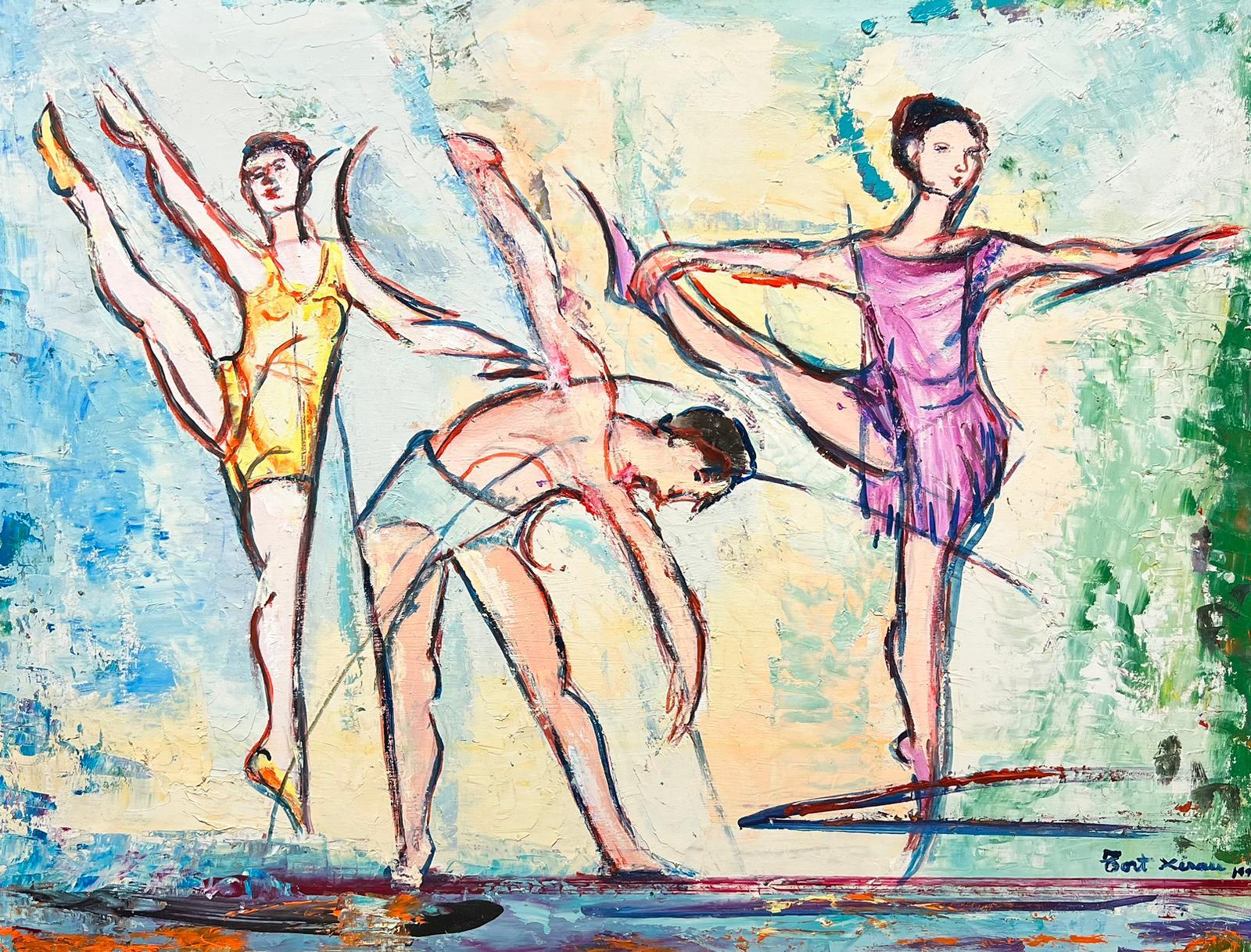 Maria Tort Xirau Still-Life Painting - Large Spanish Expressive Oil Painting Ballerina Dancers Stretching 
