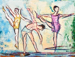 Vintage Large Spanish Expressive Oil Painting Ballerina Dancers Stretching 