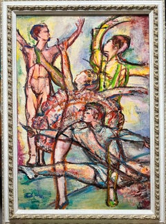 Male Ballerina Figures Dancing and Stretching Spanish Modernist Oil Painting