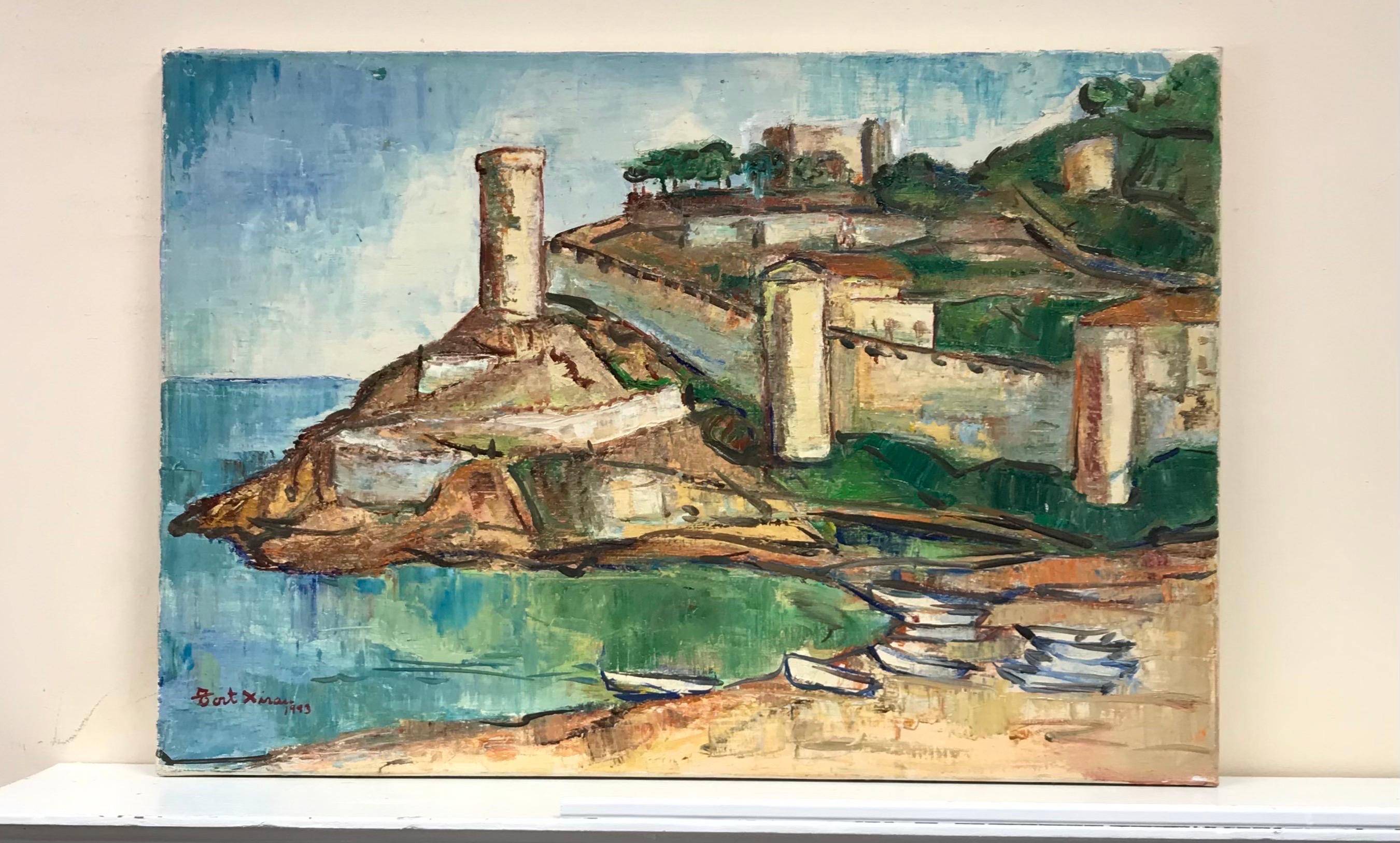 Old Fortress Port Beach Scene on the Med Signed Original Oil Painting - Gray Landscape Painting by Maria Tort Xirau