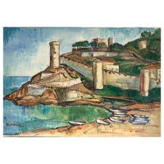 Old Fortress Port Beach Scene on the Med Signed Original Oil Painting