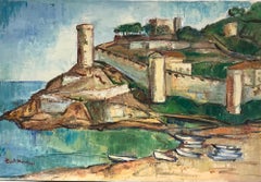 Old Fortress Port Beach Scene on the Med, Signed Original Oil Painting