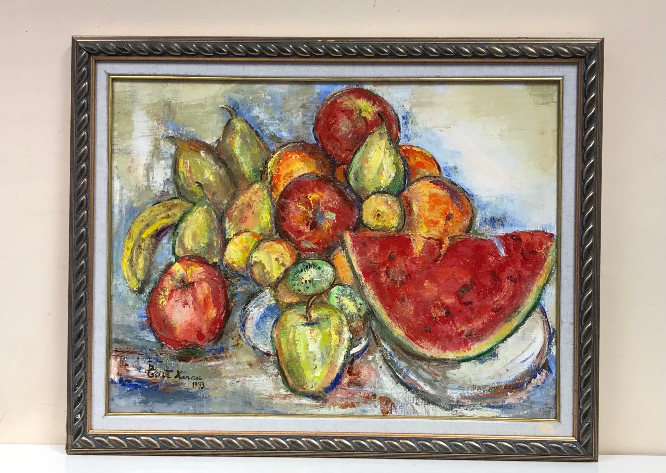 Peinture à l'huile originale signée - Magnifique nature morte de fruits avec melon d'eau - Impressionnisme Painting par Maria Tort Xirau