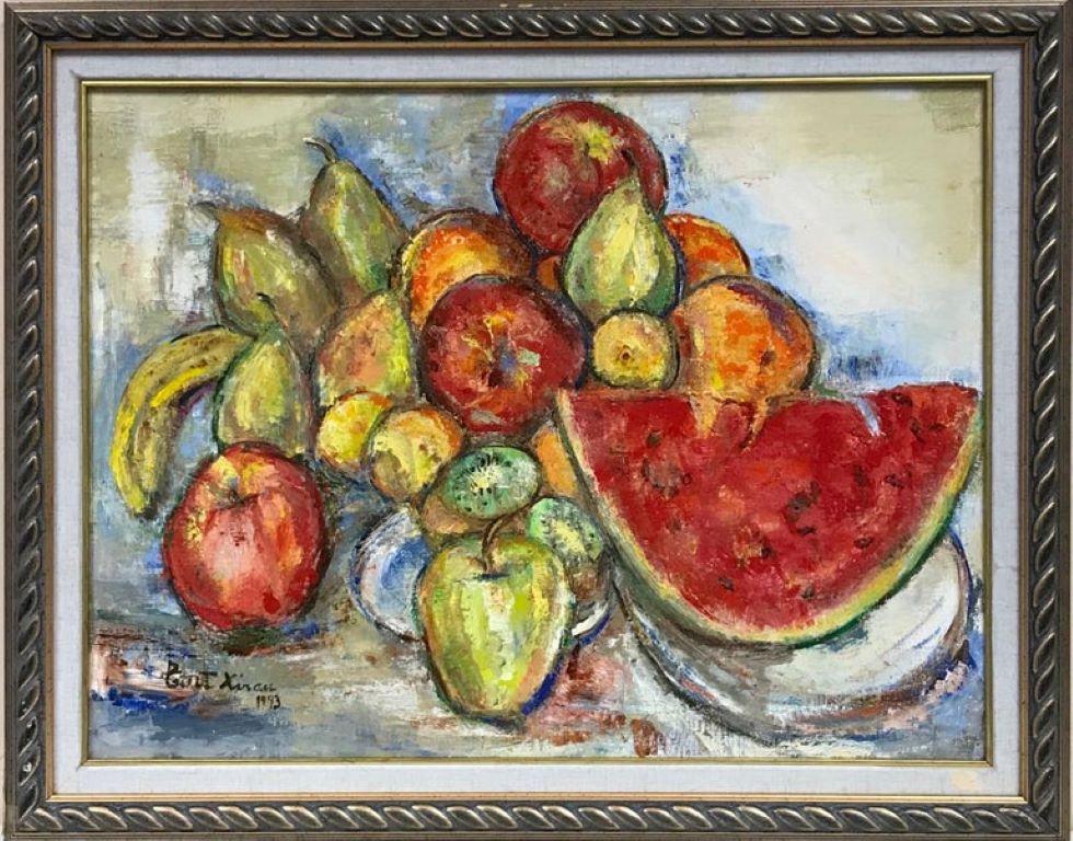 Peinture à l'huile originale signée - Magnifique nature morte de fruits avec melon d'eau - Painting de Maria Tort Xirau