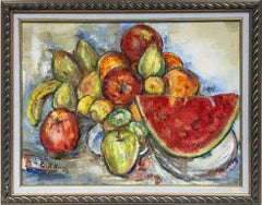 Signed Original Oil Painting - Luscious Still Life of Fruit with Watermelon