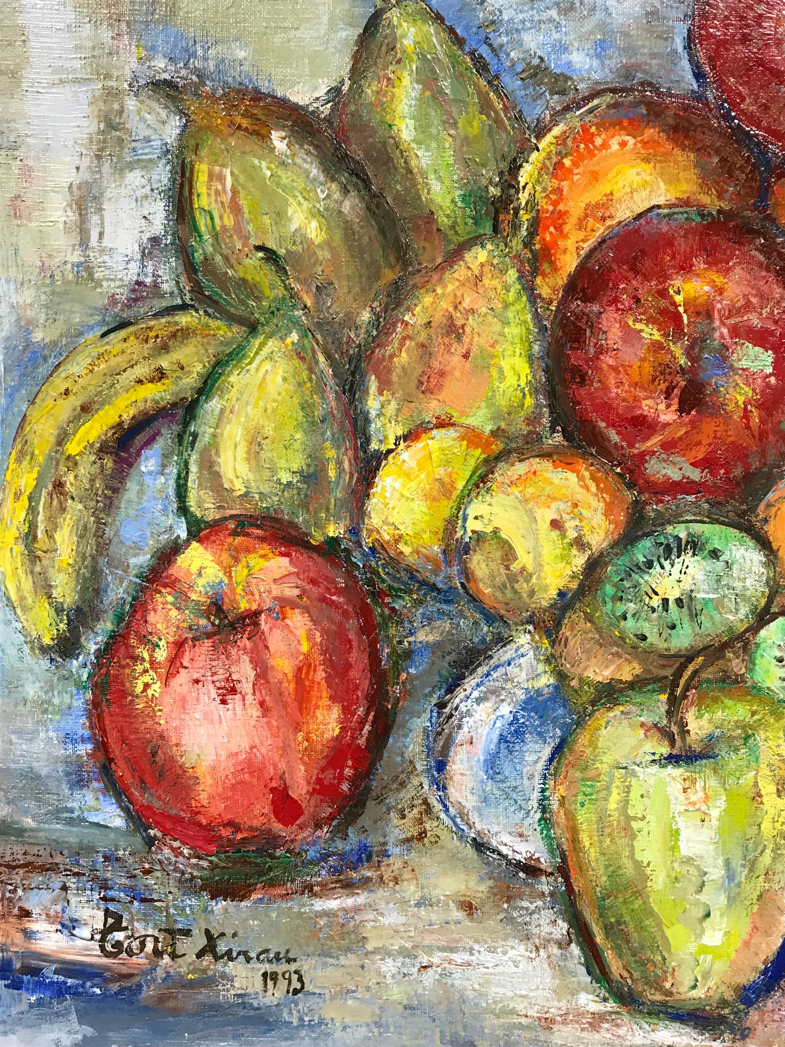 Peinture à l'huile originale signée - Magnifique nature morte de fruits avec melon d'eau - Marron Interior Painting par Maria Tort Xirau