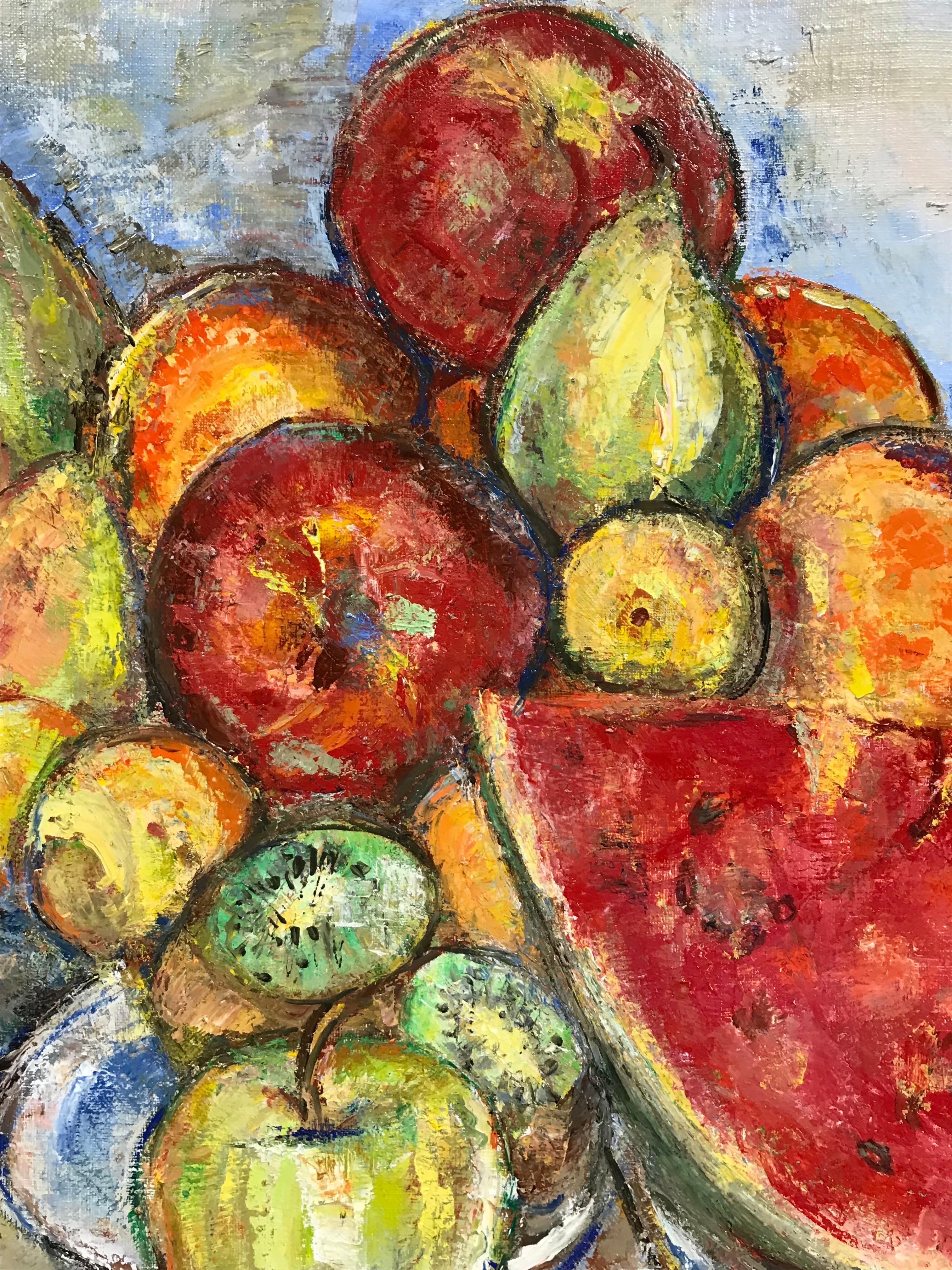 Nature morte de fruits (pommes, pastèques, oranges, bananes)
par Maria Tort Xirau (catalane, 1924-2018)
signé en dans le coin inférieur
daté de 1993
peinture à l'huile sur toile, encadrée

toile : 18.5 x 24 pouces
encadré : 22.5 x 28 pouces

Très